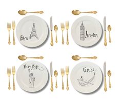 four white plates with gold forks and silverware on them that say paris, new york, venice