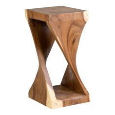 a wooden side table with an unusual shaped design on it's top and bottom