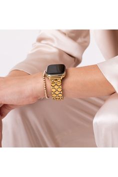 Our pearl cabochon bracelet stacks beautifully with any of our watch bands and is especially designed to layer with our Pearl Band for the Apple Watch.   Brass with Gold, Rose Gold, or Rhodium plating. Nickel-free Small fits up to 6.5 wrist. Medium up to 7.5 wrist. Imported Arrives in a Goldenerre muslin gift pouch       Minimize exposure to lotions, perfumes, and liquids. Clean with damp cloth to keep fresh and shiny. Apple Watch Gold, Pearl Bracelet Stack, Cabochon Bracelet, Pearl Embellishment, Bracelet Stacks, Apple Watches, Gift Pouch, Diamond Shaped, Model Fits