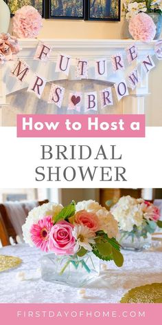 a bridal shower with flowers and pictures on the mantle