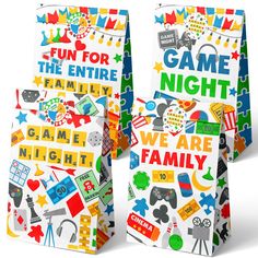 two gift bags with the words game night and we are family printed on them in different colors