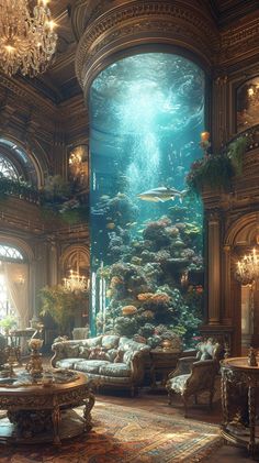 an underwater living room with couches and chandeliers