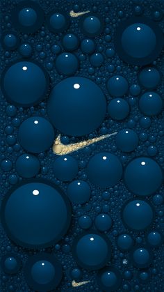 the nike logo is surrounded by water droplets and bubbles on a dark green background with white accents