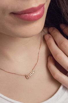 Rose Gold Nameplate Charm Necklace For Anniversary, Rose Gold Name Necklace For Valentine's Day Anniversary, Dainty Rose Gold Name Necklace For Wedding, Delicate Rose Gold Name Necklace For Anniversary, Rose Gold Name Necklace For Anniversary On Valentine's Day, Dainty Name Necklace For Wedding And Valentine's Day, Meaningful Rose Gold Necklace For Valentine's Day, Rose Gold 14k Name Necklace For Valentine's Day, Gold Nameplate Necklace