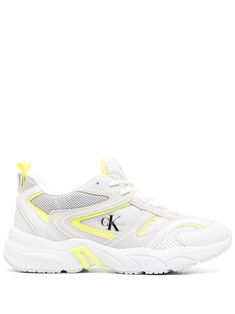 off-white/fluorescent yellow/black calf leather/calf suede panelled design contrasting trim mesh detailing logo print to the side logo-print tongue round neck front lace-up fastening pull-tab at the heel chunky rubber sole Detailing Logo, Fluorescent Yellow, Contrasting Trim, Contrast Trim, Pull Tab, Calvin Klein Jeans, Sneakers White, Mens Shoes Sneakers, Yellow Black