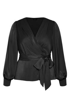 Elevate your outfit with this flowy blouse that plays up curves in a faux-wrap style with side ties and billowy long sleeves. 27 1/2" length (size X-Small) Surplice V-neck Long sleeves with button cuffs Lined 100% polyester Machine wash, line dry Imported Black Wrap Blouse Outfit, Wrap Top Outfit Classy, Wrap Blouse Outfit, Wrap Top Outfit, Wrap Around Top, Faux Wrap Top, Inverted Triangle, Flowy Blouse, Blouse Outfit