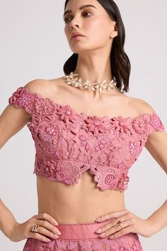 Blush pink short sleeves off shoulder cutwork bustier blouse crafted in chanderi with 3D petunia bloom applique and tonal bead-sequin highlights. - Aza Fashions Elegant Pink Crop Top For Evening, Elegant Pink Evening Crop Top, Feminine Fitted Embroidered Top With Short Sleeves, Fitted Feminine Embroidered Top, Pink Off-shoulder Crop Top For Party, Glamorous Pink Blouse For Festive Occasions, Elegant Off-shoulder Wedding Tops, Elegant Floral Embellished Tops For Wedding, Fitted Tops For Spring Reception