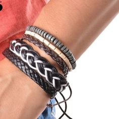 Men’s Stacked Leather Bracelets. Dm With Questions. Casual Brown Leather Bracelet, Casual Leather Bracelet, Casual Brown Bracelet For Everyday, Casual Brown Bracelets For Everyday Wear, Casual Leather Braided Bracelets, Men's Leather Bracelet, Wood Bead Bracelet, Beads Charm, Brown And Blue