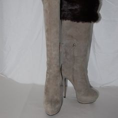 Giuseppe Zanotti Excellent Condition High Heels Over The Knee Boots Color: Gray With Brown Shearling Fur Material: Real Leather & Suede With Fur Lining Made In Italy Size: Eu 37 Us 6.5 Heel: 5.5" Inches Platform: 1.5" Inches Shoe References, Knee High Heels, Giuseppe Zanotti Shoes, Heels Platform, Platform Boots, Over The Knee Boots, Giuseppe Zanotti, Over The Knee, Real Leather