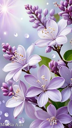 purple flowers are blooming on a blue and white background with bubbles in the air