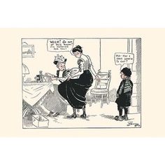 an old fashioned cartoon shows a woman in the kitchen talking to a child who is sitting at a table