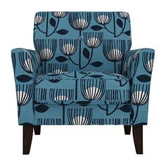 a blue chair with black and white designs on it