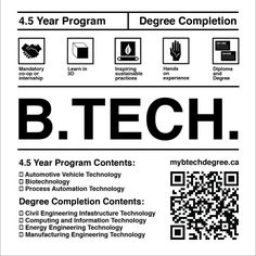 the b tech program flyer is shown in black and white, with information about it