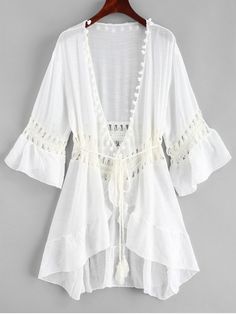 [34% OFF] [HOT] 2019 Pom-pom Crochet Panel Beach Dress In WHITE | ZAFUL    Designed with crocheted panels, this cover-up dress features a self-tie drawstring waist with pom-pom decorated along the plunging V-collarline, perfect for covering up your favorite bikini or one-piece. Cover-Up Type: Dress Gender: For Women Material: Polyester Pattern Type: Solid Decoration: Crochet Season: Summer Weight: 0.2400kg Package: 1 x Dress Pig Dress, Crochet Beach Dress, Bikinis Crochet, Mode Kimono, Coverup Beach, Women Sleeve, Swimwear Cover