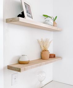 two wooden shelves with plants on them in a white walled room, one shelf has a photograph and the other is empty