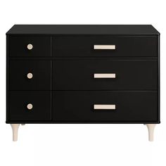 a black dresser with three drawers and two white knobs on the bottom, in front of a white background