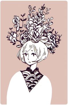 a drawing of a woman with flowers in her hair