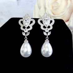 Wedding Jewelry - Pearl and Cubic Zirconia Bridal Earrings Cubic Zirconia Bridal Earrings, Old Design, Iridescent Pearl, Pearl Jewelry Wedding, Best Of Both Worlds, Bridal Jewelry Sets, Come Together, Bridal Earrings, Exquisite Design