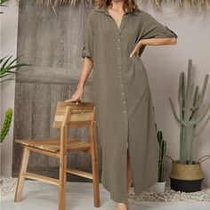 Worn Once. Oversized. Army Green Color Summer Button-up Maxi Dress For Beach, Spring Beach Button-up Maxi Dress, Collared Maxi Dress With Button Closure For Summer, Casual Long Shirt Dress For Vacation, Long Casual Shirt Dress For Beach, Casual Long Shirt Dress For The Beach, Casual Button-up Maxi Dress, Summer Maxi Shirt Dress With Button Closure, Casual Collared Maxi Dress For Vacation