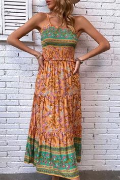 "Channel bohemian charm with this Women's Sleeveless Boho Floral Dress. Perfect for beach holidays, its breezy silhouette and floral print capture the essence of summer. Embrace carefree elegance and wanderlust vibes in this dress, ideal for soaking up the sun or exploring new destinations." Orange Sleeveless Dress For Beach Vacation, Casual Non-stretch Sundress For The Beach, Orange Sleeveless Summer Dress For Beach Season, Orange Sleeveless Dress For Beach Season, Orange Sleeveless Maxi Dress For Vacation, Bohemian Sleeveless Midi Dress For Summer, Orange Halter Neck Sleeveless Dress For Vacation, Green Sleeveless Non-stretch Maxi Dress, Casual Non-stretch Dress For Beach Season