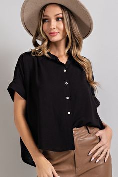 Simply Yours Button Short Sleeve | JQ Clothing Co. High Waisted Bottoms, A Button, Crop Blouse, Black Button, Chic Design, Black Top, Blouse Top, Short Sleeve Top, Everyday Fashion