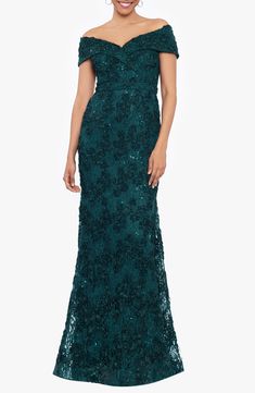 Stunning floral embroidery and delicate lace create a whimsical landscape on a glamorous gown fashioned with an off-the-shoulder neck and floor-grazing hem. 57" length (size 8) Lined Off-the-shoulder neck Cap sleeves 100% nylon Spot clean Imported Long Sleeve Gown, Column Gown, Lace Dress Long, Mermaid Gown, Review Dresses, A Line Gown, Lace Gown, Mother Of The Bride Dresses, Cocktail Dress Party