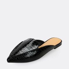 Step out in style with these black croco embossed mule loafers. Featuring a chic croco embossed upper design, with a stylish pointed-toe, comfortable fit, and premium craftsmanship, these mules are perfect for any occasion. Color: Black Toe: Pointed toe Croco embossed upper design Classic mule loafers design Handcrafted US sizing. Fits true to size. Pointed Toe Textured Sole Slip-on Mules, Slip-on Pointed Toe Mules With Textured Sole, Chic Pointed Toe Mules With Textured Sole, Pointed Toe Loafers With Textured Sole, Leather Pointed Toe Loafers With Crocodile Pattern, Black Crocodile Pattern Slip-on Loafers, Leather Loafers With Crocodile Pattern And Pointed Toe, Black Crocodile Pattern Loafers For Work, Croc Print