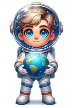 a little boy in an astronaut's suit holding a blue earth globe on his chest