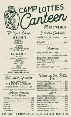 the menu for camp lotties canteen