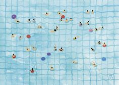 an image of people swimming in the water with life rings on their backs and circles around them