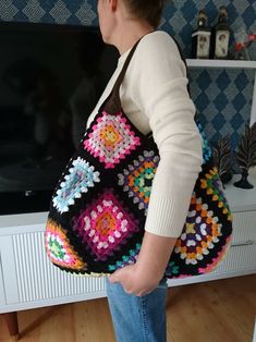 Black Color, Leather Handle, Lined, Crocheted Vintage Tote Bag, Stylish Bag, Granny Square Bag, Retro Bag, Vintage Style, Women's Bag - Etsy UK Multicolor Rectangular Hobo Bag Gift, Handmade Black Bucket Bag, Black Handmade Handheld Satchel, Square Crochet Bag With Top Carry Handle, Handmade Black Handheld Bag, Handmade Multicolor Top Handle Bucket Bag, Handmade Black Rectangular Hobo Bag, Handmade Crochet Handheld Bag, Bohemian Granny Square Bags