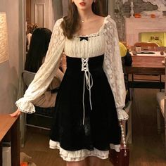 Stunning Lace Dress Super Stylish And Feminine Aesthetic Costumes, Faerie Aesthetic, Casual Kawaii, Retro Fairy, Black Fairy, Style Kawaii, Style Gothic, Vintage Skater, Dress Korean