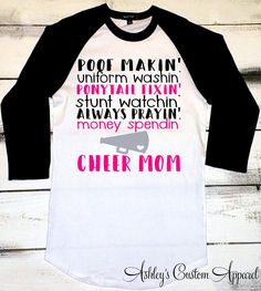 Cheer Mom Shirt Cheerleader Mom Shirt School Spirit Shirts Cotton T-shirt For Cheerleading In Fan Apparel Style, Cotton T-shirt For Cheerleading Fan Apparel, White Tops With Funny Text For Fans, Cotton T-shirt With Team Name For Cheerleading, Cheerleading Short Sleeve Tops With Screen Print, Graphic Cotton Tee For Cheerleading, Cotton Graphic Tee For Cheerleading, Short Sleeve Screen Print Tops For Cheerleading, Pink Cotton Game Day Top