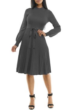 A tonal sash accentuates your figure in a long-sleeve sweater dress with a flattering fit-and-flare profile. 41 1/2" length Mock neck
 Long sleeves 78% rayon, 22% polyester Machine wash, tumble dry Imported Model stats: 5'10" height, 32" bust, 25" waist, 36" hip. Flare Sweater Dress, Stretch Knit Dress, Style Goals, Daytime Dresses, Long Sleeve Sweater Dress, Sleeve Sweater, Fit & Flare, Long Sleeve Sweater, Fit And Flare