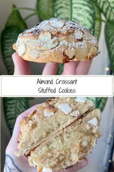 two pictures of almond croissant stuffed cookies with powdered sugar on top and bottom