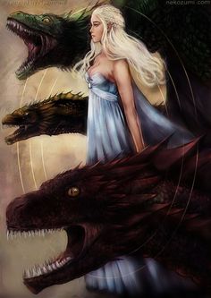 a woman standing next to a dragon with her head on the back of another dragon