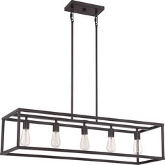 a rectangular light fixture with four lights hanging from the ceiling