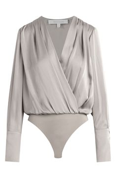 A glossy bodysuit boasts a deeply dipped neckline and artfully tailored cuffs for a sleek add-in to your date-night look. Surplice V-neck with hidden-snap closure Long sleeves with two-button cuffs Partially lined 100% polyester with 94% polyester, 6% spandex contrast Dry clean or hand wash, dry flat Imported Women's Clothing Elegant Long Sleeve Bodysuit For Night Out, Elegant Fitted Bodysuit For Date Night, Elegant Bodysuit For Night Out, Elegant Bodysuit For Date Night, Chic Spring Bodysuit For Workwear, Elegant V-neck Bodysuit For Date Night, Chic Spring Workwear Bodysuit, Chic Long Sleeve Bodysuit For Night Out, Fitted V-neck Formal Bodysuit