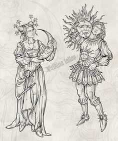 two black and white drawings of people dressed in medieval clothing, one holding a star