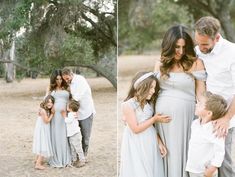 a pregnant woman and two young children are posing for pictures with their parents in front of some trees