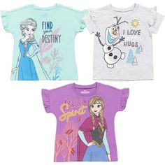 three t - shirts with frozen princess designs on them