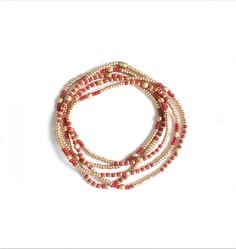 "Bohemian Chis Wrap bracelet with seed beads Beautiful delicate wrap bracelet, wraps around your wrist 5 times. Champagne gold seedbeads* ( 2 mm ) with a hint of coral red and gold plated facetted beads. Also lovely to wear as a long necklace ! S I Z E Medium, 86 cm ( 34 inch) fits the normal to small waist. Please sent me a message for other sizes. *MIYUKI glass beads are considered a \"world standard\" for their high quality, brilliance, and uniform shape. All items are handmade with love and Tiny Earrings, Beading Projects, Coral Red, Healing Bracelets, Layering Necklace, Champagne Gold, Boho Bracelets, Small Waist, Red And Gold