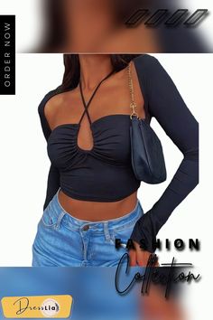 Korean Fashion Crop Tops Y2k Aesthetic Solid Color Cutout Cross Halter T Shirt Women Long Sleeve Shirts Streetwear Casual Long Sleeve Tops For Club, Fitted Casual Tops For Club, Stretch Y2k Crop Top, Casual Stretch Tops For Club, Y2k Style Club Crop Top, Y2k Style Summer Club Tops, Trendy Club Tops For Fall, Y2k T-shirt For Night Out In Spring, Casual Club T-shirt For Spring