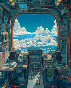 an airplane cockpit filled with lots of electronic equipment and clouds in the sky behind it