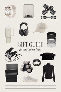 the gift guide for the fitness lover is shown in black and white, with an image of