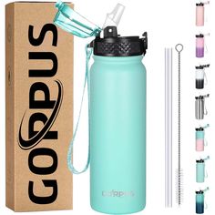 a blue water bottle with straws next to it and other items in front of the box