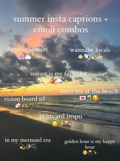 an image of the beach with words written in different languages and pictures above it that say, summer insta captions + emoj combos