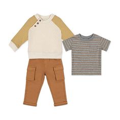 This set from Little Lad will fill your wardrobe needs on warmer and cooler days. Choose whether to wear the long sleeve color block textured top with button details or the striped crewneck short sleeve tee. They both will look great with the twill cargo pants. Newborn sizes come with a bodysuit instead of the shirt.# Pieces In Set: 31st Piece Description: Sweatshirt1st Piece Fabric: Fleece1st Piece Fiber Content: 60% Cotton, 40% Polyester1st Piece Care: Tumble Dry, Machine Wash2nd Piece Descri… Casual Cream Sets For Fall, Striped Crewneck, Textured Top, Pant Sets, Baby Pants, Short Sleeve Bodysuit, Clothing Sets, Cotton Fleece, Pant Set