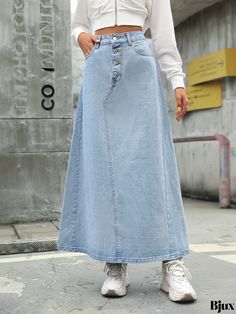 Bjux - Classic Blue High Waist Washed Denim Midi Skirt for Women - Single Breasted Button Detail, Stylish Denim Fashion Denim Clothing, High Waist Denim, Skirt For Women, Denim Midi Skirt, Washed Denim, Denim Outfit, Classic Blue, High Waisted Denim, Button Detail