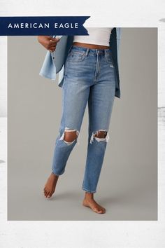 New Comfort Stretch Waistband!/Stretchy at the waist, rigid everywhere else./Medium wash/Ripped Rip Mom, Ripped Mom Jeans, Mom Jean, Summer Fits, Summer Beach, Women's Jeans, American Eagle Outfitters, Mom Jeans, American Eagle